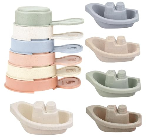 Jouets de Bain pour Tout-Petits 11 pièces/Ensemble Jouets de Bain pour bébé Comprenant 6 Bateaux flottants et 5 louches empilables avec Trous Piscine pour Enfants Douc