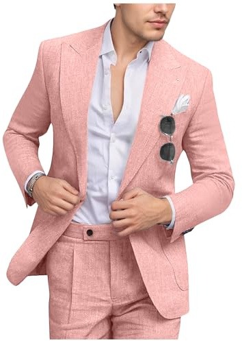 Fesenbo Completo da uomo in lino slim fit 2 pezzi estate spiaggia abiti da sposa con bavero a punta casual blazer pantaloni set per smoking da ballo