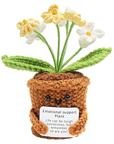 VOSSOT Fiore all’uncinetto Non Ti Scordar di Me regalo, Pianta positiva fatta a mano con 6 fiori e biglietto, Mini vaso decorativo per maestra, amica, scrivania o finestra