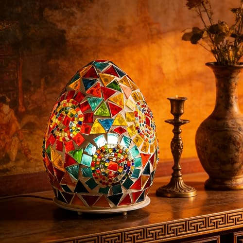 wpdash Rotierende eiförmige Tischlampe im Tiffany-Stil (D:12.0 cm x H:15.0 cm) Buntglaslicht mit 360° drehbarem Sockel, Mosaik-Nachtlicht für Wohnzimmer, Kinderzimmer, festliche Dekoration & Geschenk