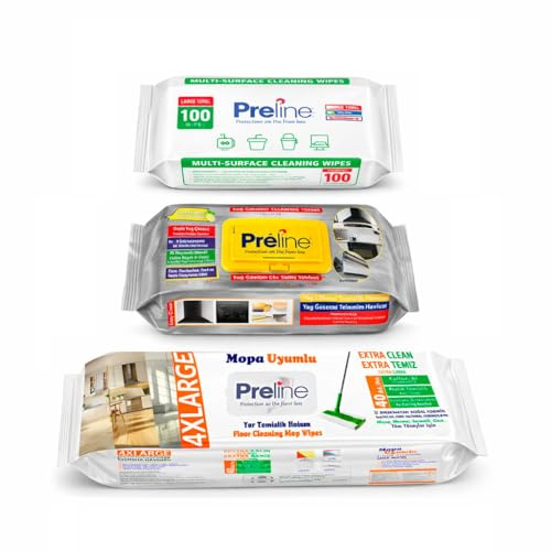 Preline Reinigungsset für Haushalt & Boden – Fettlöser-, Oberflächen- & Bodentücher, extra stark & groß, feucht, für Küche, Bad & Oberflächen, 3-teilig