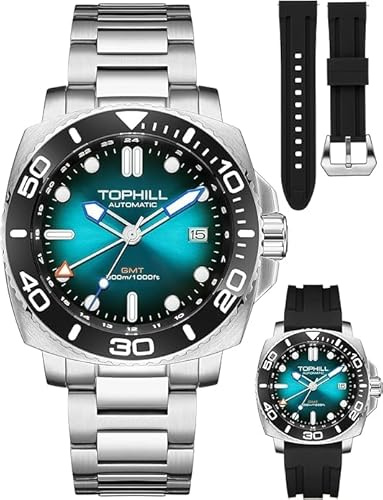 TOPHILL Herrenuhr Taucheruhr Automatik NH34 Uhrwerk GMT 30ATM Superluminova Saphirglas Datumsfenster mit Silikonarmband & Edelstahlarmband (Dunkelblau)