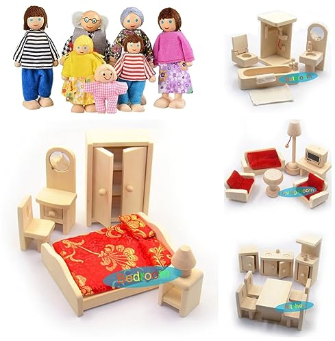 DecoBay Holz Puppenhaus Möbel 6 Sets Schlafzimmer, Küche, Bad und Wohnzimmer mit Familie Puppen (4 Sätze Zimmer und 7 Familienpuppen)