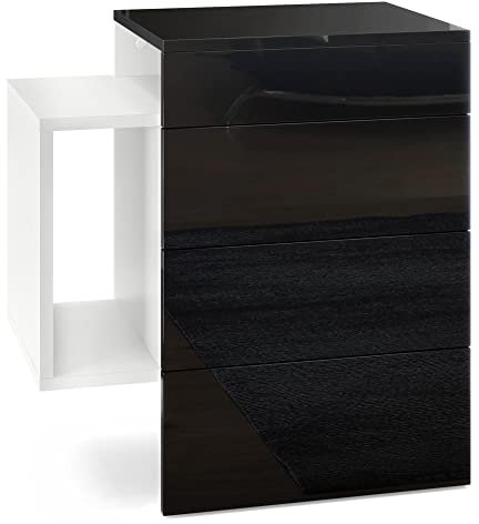 Vladon Nachttisch Queens, Made in Germany, Nachttischschrank mit 2 Schubladen und 1 seitlichem Fach zur Wandmontage, Weiß matt/Schwarz Hochglanz (60 x 63 x 36 cm)