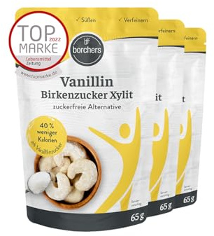 BORCHERS Vanillin Xylit, Alternative für Vanillezucker 3x 65g, auf Grundlage von Xylit, weniger süß, kalorienreduziert & zuckerfrei, Zuckerersatz, Süßungsmittel, Zuckeralternative