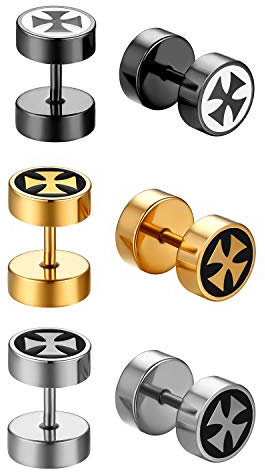 JewelryWe Schmuck 3 Paar Fake Plug Ohrstecker Edelstahl Eisernes Kreuz EK Fakeplug Tunnel Ohrringe Ohr-Piercing für Herren Damen Silber Gold Schwarz
