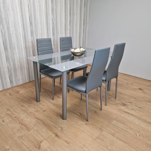 KOSY KOALA Glass Dining Table and Chairs Set for 4 Modern Kitchen Dining Table with Tempered Glass Top and 4 Grey Faux Leather Dining Chairs 120 x 70 x 75 cm