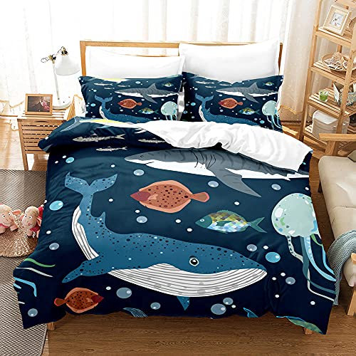 LUYAPOND Bettwäsche 135x200 Wal Bettwäsche Set für Kinder, Mikrofaser Bettbezüge, 1 Bettbezug mit Reißverschluss + 1 Kissenbezug 80x80 cm
