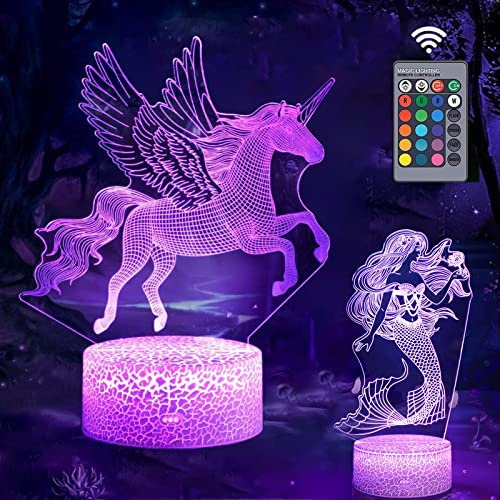 3D-Einhorn-Nachtlicht, Meerjungfrau, 16 Farben, 2 Muster, automatische Abschaltung, mit Smart-Touch-Funktion und Fernbedienung, Einhornlichter für Mädchen, Zimmer-Spielzeug