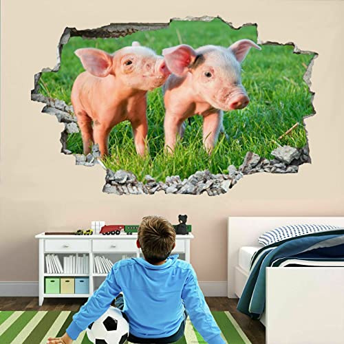 Kuletkear Schwein 3D Durchbruch Wandsticker, Tier Selbstklebend Wandtattoo Wanddeko Aufkleber, Gras Wanddurchbruch Sticker für Raumdekoration Wohnzimmer Kinderzimmer Junge Mädchen Teenager Zimmer