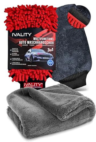 Ivality® 3in1 Auto Waschhandschuh 3in1 + Mikrofaser 1800 GSM Trockentuch 80x50cm – Lackschonend & Saugstark - Kratzfreier Autoschwamm Kfz & tuch Für Auto Waschen , Felgenreiniger & Insekten entferner