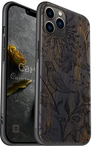 Carveit Holz Hülle für iPhone 11 Pro, Dunklesholz-japanische-vögel