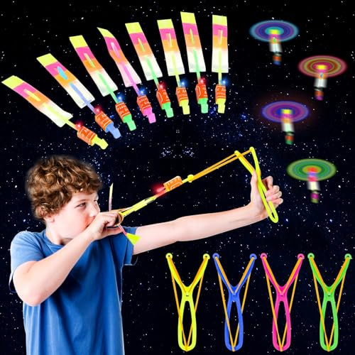 Foreverup 12PCS Helicopter Shooters, LED Rocket Slingshot Flying Toys, Arrow Copters, Party Bag Fillers for Kids, Christmas Day Gift, Outdoor Game for Kids, Prizes for Classroom