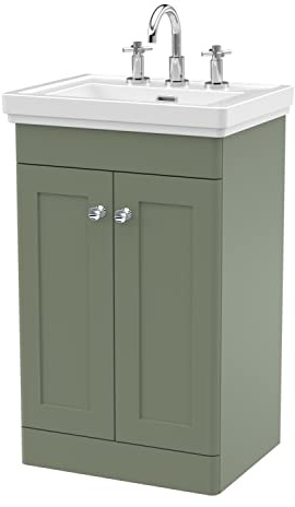 nuie CLC823B Classique Traditional Bathroom Floor Standing 2 Door Vanity Basin Unit with 3 Tap Hole Fireclay Basin, 500mm, Satin Green