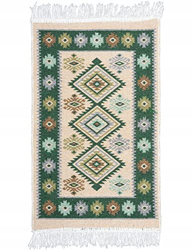 e-floor Teppich für Wohnzimmer Baumwolleteppich | Gewebt | Doppelseitiges Muster | Boho Kelim Teppiche | Teppichläufer | Küchenteppich | Schlafzimmer | Grün | 50x80 cm