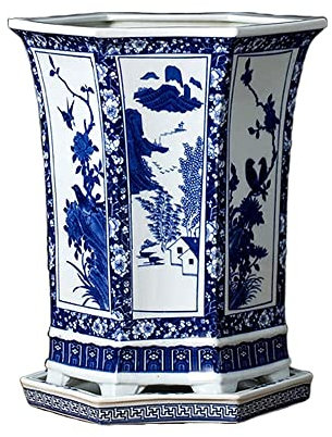 BUNCC Blumentöpfe für den Innenbereich, Keramik-Blumentöpfe, extra großer, blauer und weißer Porzellan-Keramik-Blumentopf, rund, Garten-Pflanzgefäße, Chinoiserie, handbemalter Übertopf mit Untersetzer