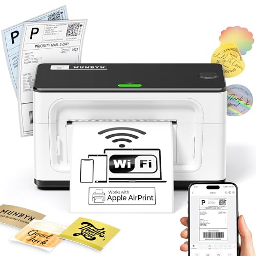 MUNBYN AirPrint Stampante per etichette Wi-Fi Stampante per etichette di spedizione WLAN 4x6 Etichette Stampante termica per Amazon/Shopify/DHL/DPD/Hermes/UPS/FedEx/GLS, 941AP Bianco