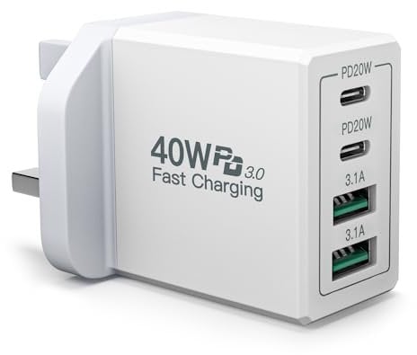 USB C Plug, 40W 4-Port Fast USB C Charger PD Power Adapter + QC USB A Wall Charger Multiport Mains Charger Plug UK Type C Fast Charging Plug for iPhone 15 14 13 12 11 Pro Max SE XS XR 8, iPad, Samsung