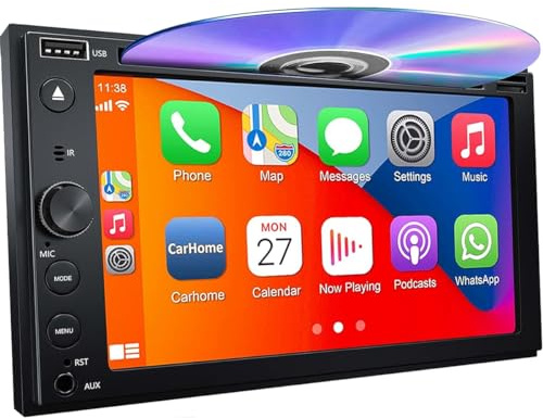 Double Din CarPlay Android Auto Autoradio 6,2 Pouces 1080P Écran Tactile capacitif Lecteur CD DVD Autoradio avec Lien Miroir Bluetooth 5.0 FM/AM/AUX/TF/EQ/DSP Support Caméra de recul
