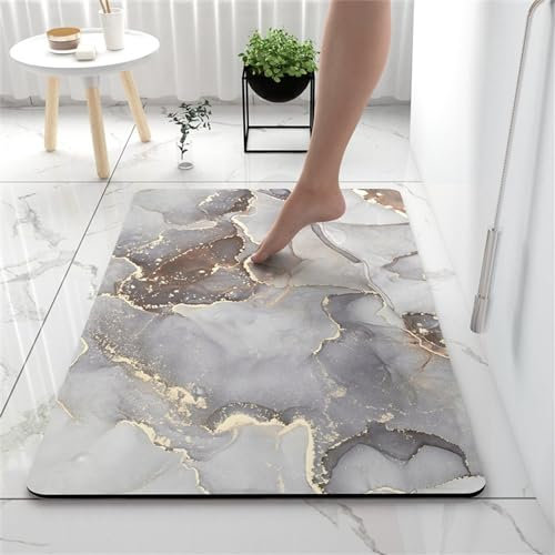 Hixingo Tapis de Bain Antidérapant Moderne Motif Marbre Tapis Salle de Bain Diatomite Absorbant, Tapis Douche Séchage Rapide, Microfibre Tapis Vaisselle Tapis d'Entré (60x90cm,Gris Doré)