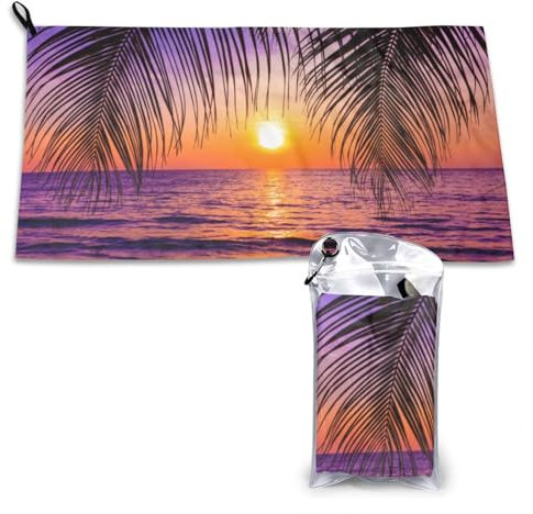 LAMAME Sunset Ocean with Tropical Palm Trees Twilight Scenery printed Microfiber Bath Towel Portable Quick Dry Towel with Bag