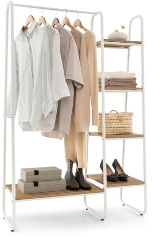 GIANTEX Kleiderständer mit 5 Ablagen & Kleiderstange, Garderobenständer aus Metall & Holz, offener Kleiderschrank mit Schuhablage, freistehende Garderobe, Standregal Kleiderregal 99,5x40x151 cm