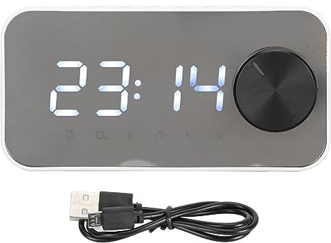 Reloj Despertador Digital con Altavoz Bluetooth, Reloj Despertador Radio Multifunción Cancelación De Ruido Pantalla De Temperatura Transmisión De Voz Radio FM Espejo Despertador(Blanco)