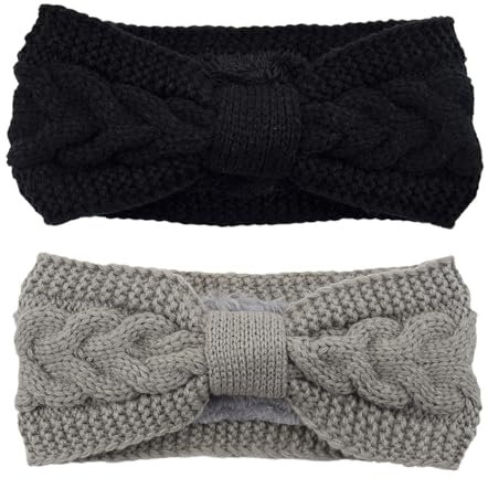 YOFASEN 2 Pièces Bandeau Cheveux pour Femme - Doublure Bandeaux Hiver Elastique Bande de Cheveux Chaud Tricoté Bandeaux Accessoires (Noir + Gris Clair)