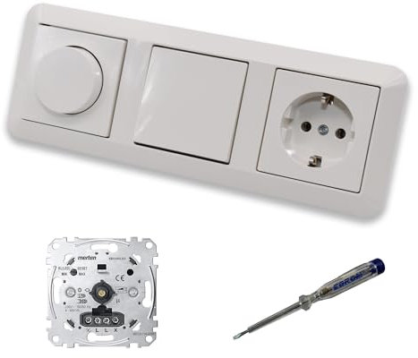 EBROM SET IDEE: Merten MEG5134-0000 LED Drehdimmer Dimmer + MEG5250-0319 + Taster MEG3150-0000 + Steckdose MEG2301-0319 polarweiß glänzend System M + EBROM Phasenprüfer zur Montage der Geräte