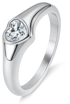 Anello in acciaio inox, da donna, in argento lucido, 7 mm, grande cuore cubico, con zirconi, regalo per donne e fidanzate, Acciaio inossidabile