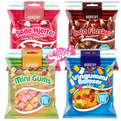 Nordthy Zuckerfreie Süßigkeiten Mix 290g – Original Dänisches Weingummi/Fruchtgummi ohne Zucker – Low Calorie Gummibärchen/Colaflaschen/Herzen/Mini Gums – Gesunde Diabetiker Süssigkeiten