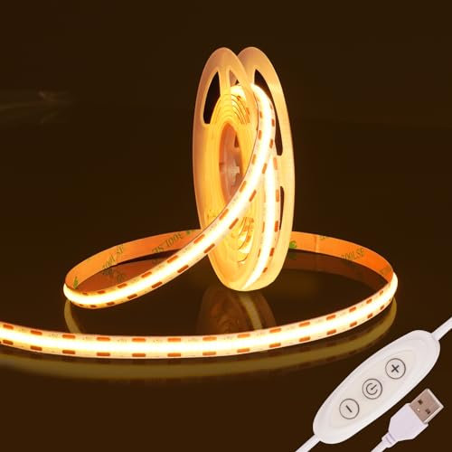 Fosingut COB Striscia LED Camera,5v 2m USB Luci LED TV Retroilluminazione Intelligente Dimmerabile 960 LEDs CRI90+ 3000K Bianco Caldo Strisce LED Adesive per Cucina Sottopensile,Armadio,PC,Mirror