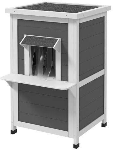 PawHut Casa para Gatos de Madera 60x60x81,5 cm Caseta para Gatos de 2 Niveles Refugio para Gatos con Cueva Cortina de Puerta Aleros Impermeables y Terraza para Interior y Exterior Gris y Blanco