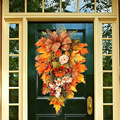 Cokbyavla Eucalputs Leaves with Berries Wreath,Fall Door Wreaths For Front Door Outside Thanksgiving Decorations Door Summer Teardrop Wreaths Autumn Sunflower Decor Floral Door Wreaths For F