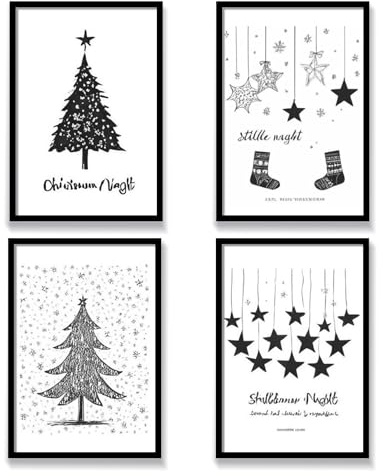 Viusneun 4er Designed Poster Set, Bilder als Weihnachtsdekoration Moderne Schwarz Weiß Wandbilder Weihnachten Thema Ohne Rahmen Kunstposter für Wohnzimmer Schlafzimmer Deko (30 x 40 cm)