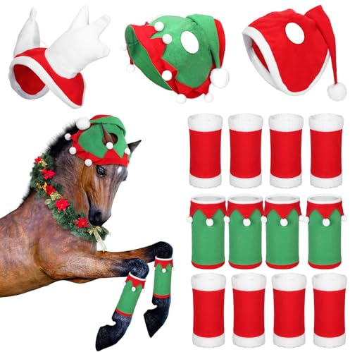 Dansydaisy Lot de 15 Accessoires de Cheval de Noël Comprenant 12 Bandages de Jambe de Cheval de Noël et 3 Bonnets de Père Noël pour Les Vacances, Accessoires de Costume de Cheval de Noël