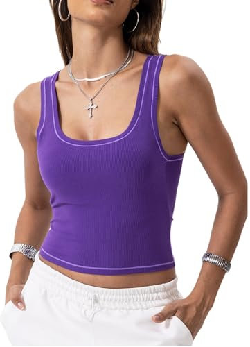 Danysu Women Cotton Rib Tank Top with Built in Bra Square Neck Crop Tank Fitted Basic Tops Violet M