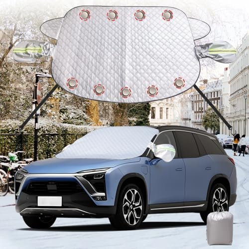 Auto Eisschutzfolien, Auto Frostabdeckung, Frontscheibenabdeckung, Windschutzscheibe, Auto Gegen Frost Schnee EIS Sonne Staub, Auto Sonnenschut, Verdickt Faltbar 165 x 126 cm, Silber mit Ohrenklappen