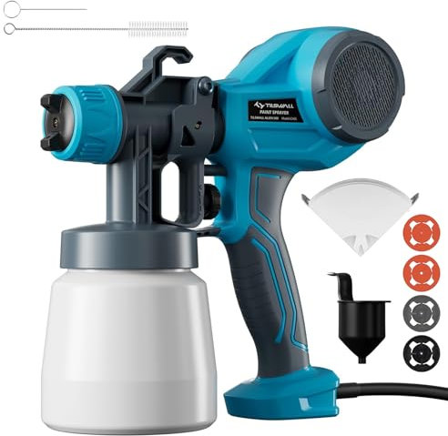 Tilswall Pulverizador de Pintura 800W HVLP con 1300 ml de Capacidad No Extraíble, 4 Boquillas de Latón, 3 Modos, 120 DIN-s Pulverizador de Pintura para Pintar Armarios, Paredes,Vallas (Azul)