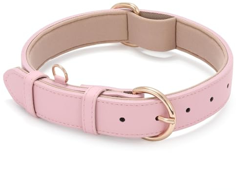 WHIPPY Leather Dog Collar for Small Medium Large Dog Soft Breathable Adjustable Leather Padded Puppy Collar Heavy Duty Waterproof Dog Pet Collar Metal Buckle, Pink 22.44 Inches