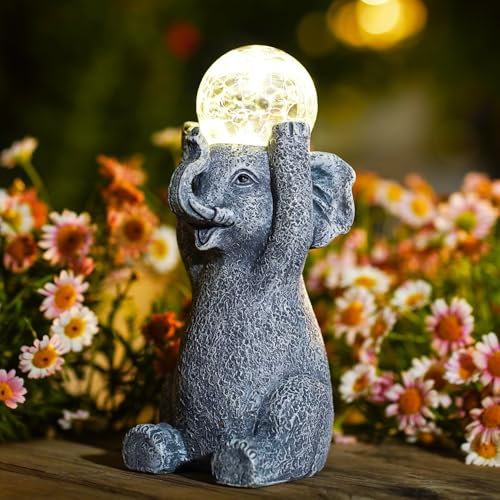 Goodeco Solar-Elefant mit Glaskugel & LED-Licht – Wetterfeste Gartenstatue für Terrasse, Balkon – Geschenkidee für Frauen, Mutter & Tochter (Geburtstag/Weihnachten)​​