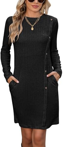 Famulily Jumper Dress for Women UK 2025 Long Sleeve Sweater Dresses Button Detail with Pockets Knee Length Knitted Dress Black M