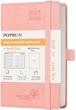 POPRUN Tagesplaner 2025 2026 16 x 10,5 cm, Tageskalender A6 1 Tag 1 Seite (Montag - Sonntag), Terminplaner (Aug.2025-Jul.2026) Softcover mit PU-Leder - Rosa