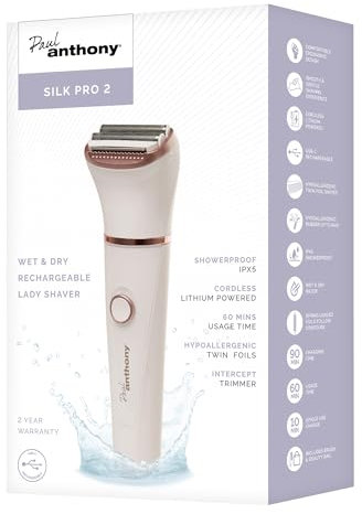 Paul Anthony 'Silk Pro 2' Wet & Dry Cordless Rechargeable Lady Shaver for Women, Showerproof, 60 Minute Use, Bikini Attachment, Storage Pouch - H3211