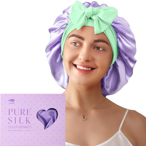 LitBear Cuffia da Notte per Donna in Seta di Gelso 100%, 6A 22 Momme, per Capelli Ricci e Lunghi, Doppio Strato con Fascia Regolabile (Viola e Verde)