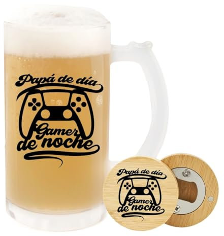 Pack Jarra de cristal personalizada y abridor de madera personalizado. Jarra de cerveza y abridor de madera personalizados. Regalos para padres. Regalos originales para hombres. (Papá de día)