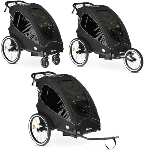 Deryan Lusso 3 in 1 - Rimorchio per bicicletta, passeggino e jogging - Passeggino multifunzione con cintura a 5 punti - Nero