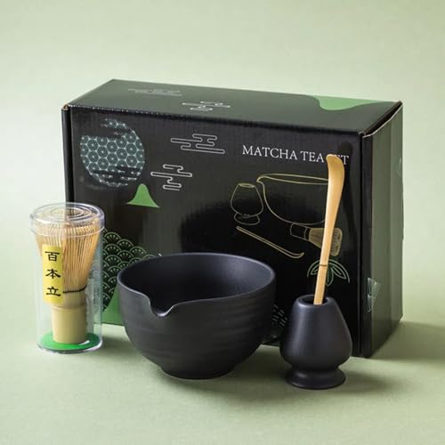 Matcha Set Schwarz, Matcha Tea Set mit Sieb, Matcha Schale, Matcha Besen, Löffel, Traditionelle Aesthetic Matcha Tee Set für Geschenk, Matcha Starter Set für Matcha Latte, Matcha Zubehör (4, Schwarz)