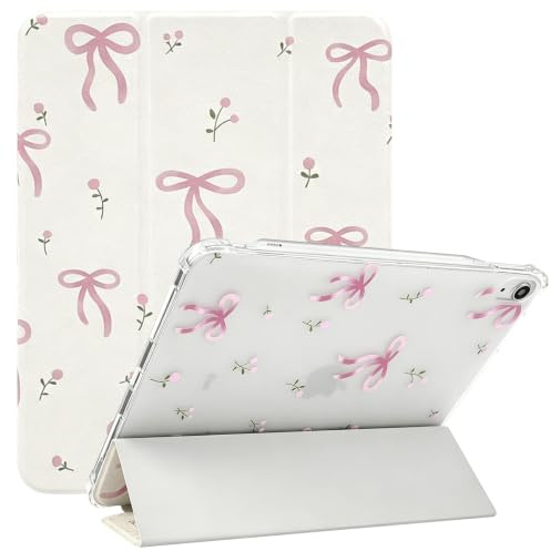 NITITOP Compatible for iPad Air 6th 11-Inch M2 (2024),iPad Air 5/4 (2022/2020 5th/4th Generation 10.9-Inch) Case with Pencil Holder Cute Floral Bow Ribbon Trifold Stand Soft TPU Protective-Flower Bow