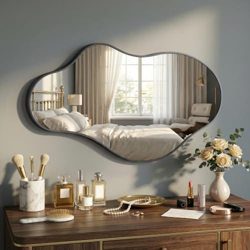 Fahomiss Irregular Wavy Framed Wall Mirror, Abstract Shatter-Proof Aluminum Alloy Decorative Mirrors for Bathroom, Bedroom, Cloakroom